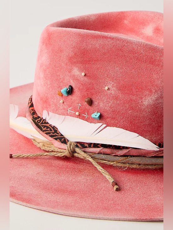 New Free People FP Pink Cami Washed Brim Embossed Jeweled Cowboy Western Hat main image 10
